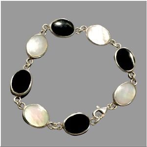 Sterling Bracelet Comprised of Alternating Links of Black Onyx & Mother of Pearl